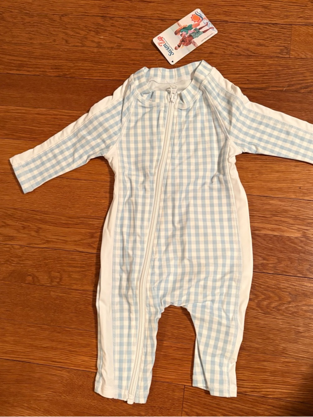 NWT SwimZip 0-6 mo Blue Gingham Zippered Kids One-Piece
